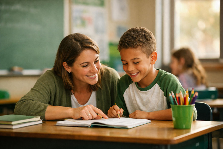Teacher working one-to-one with a primary school pupil on a maths problem