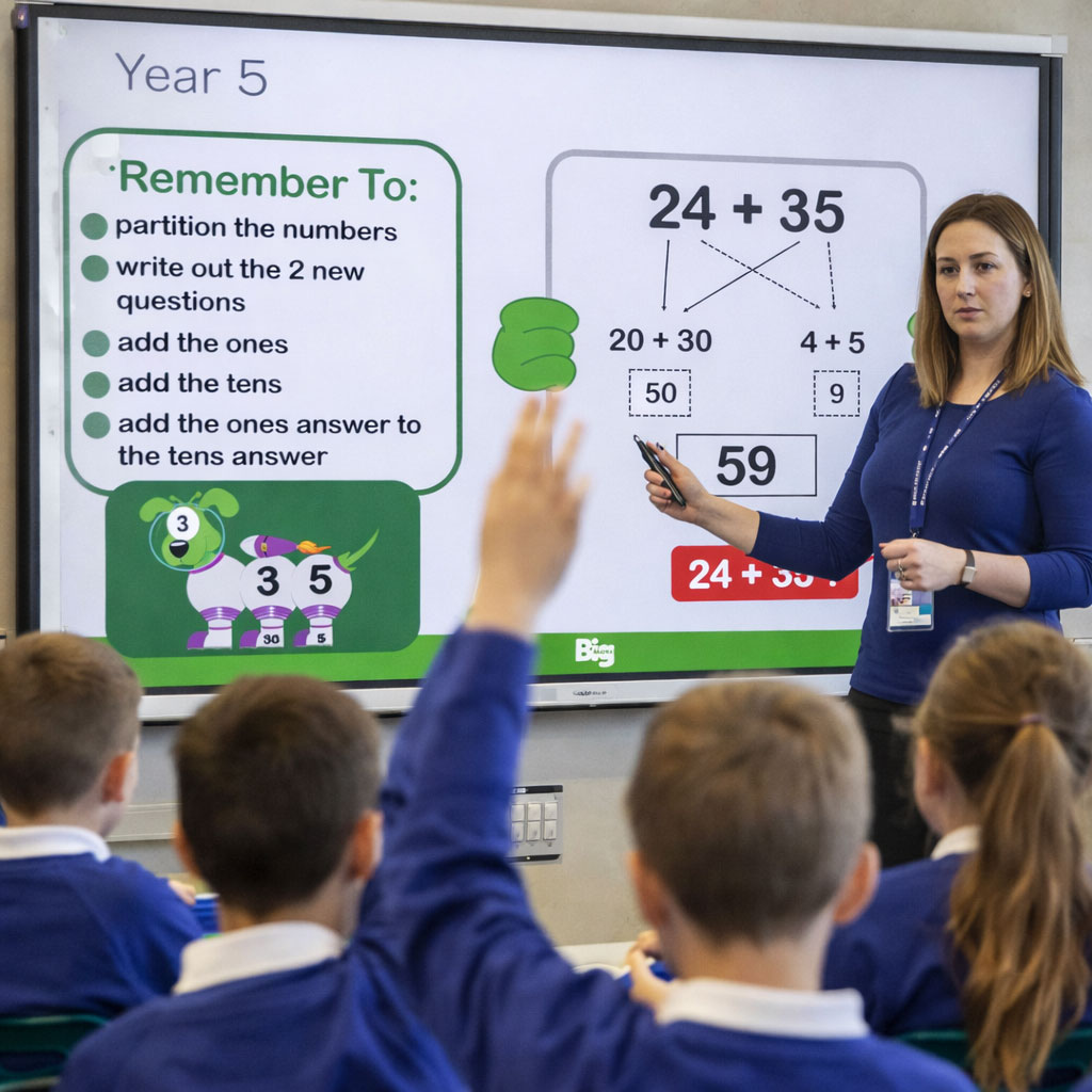 Teacher confidently leading a Big Maths lesson with pupils at the whiteboard