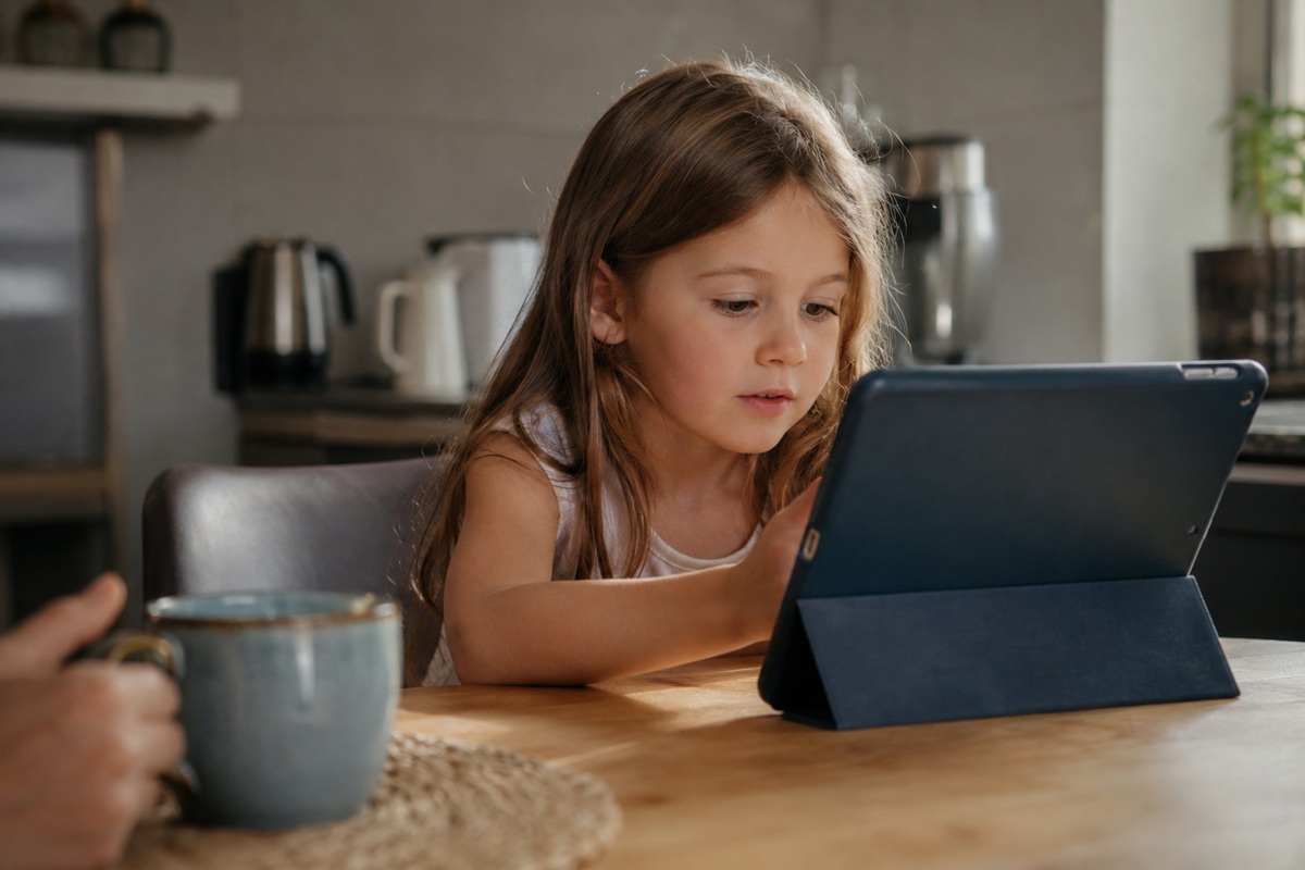 Child using a tablet at a kitchen table