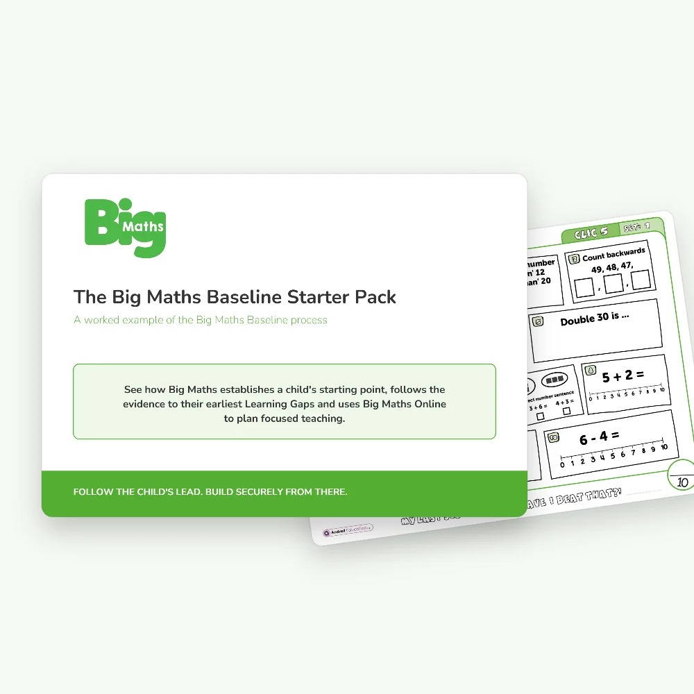 The Big Maths Baseline Starter Pack cover, a worked example of the Big Maths Baseline process, with a CLIC challenge sheet behind it