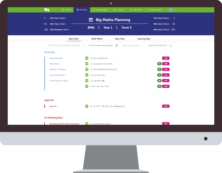 Big Maths Online Planning screen showing Counting steps and Add controls